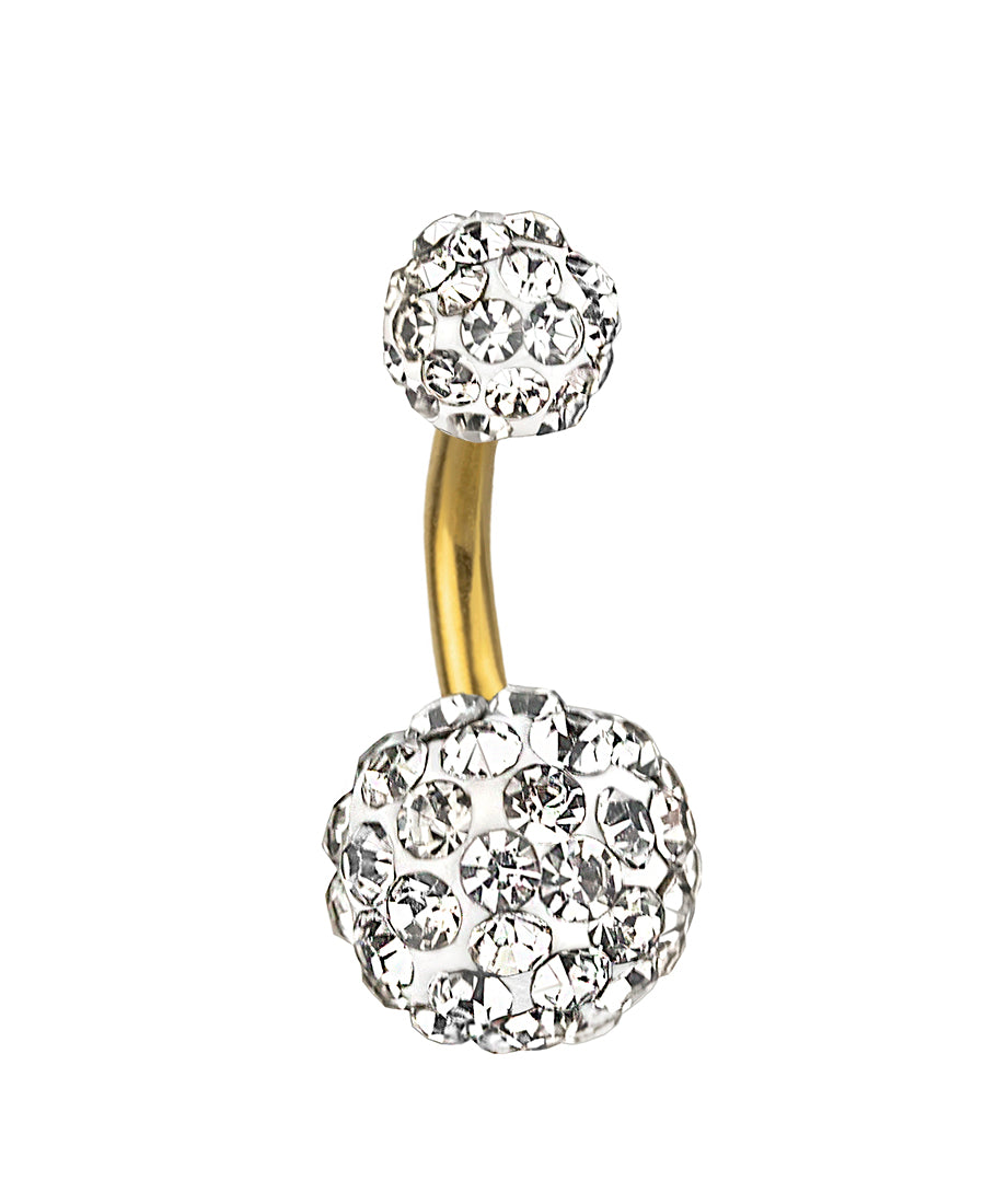 Piercing de ombligo bañado en oro con bolitas de cristal transparente – Barra 6 mm
