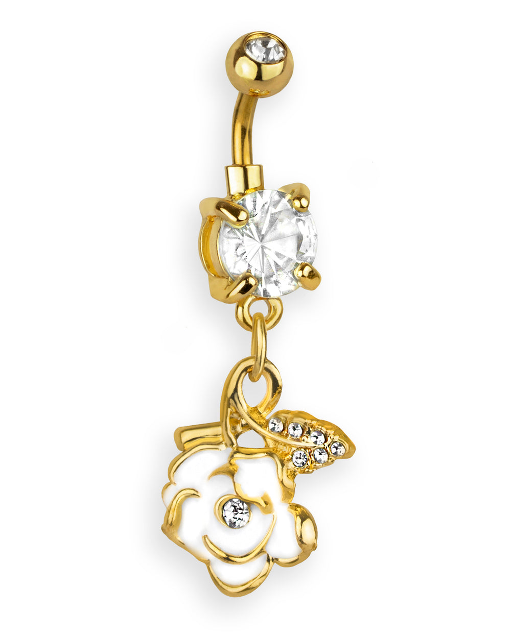 Piercing de ombligo dorado con elegante rosa blanca – Barra 6 mm