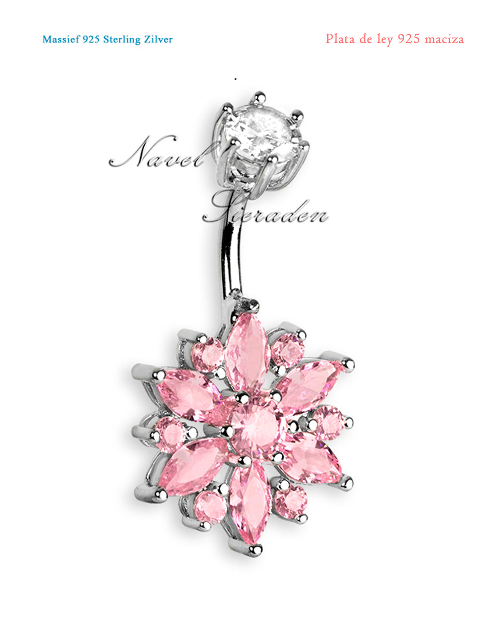 Piercing de ombligo de plata de ley 925 con flor de zirconia rosa