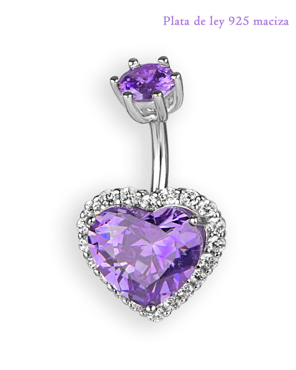 Piercing de ombligo de plata de ley 925 con corazón de amatista – Barra 7 mm