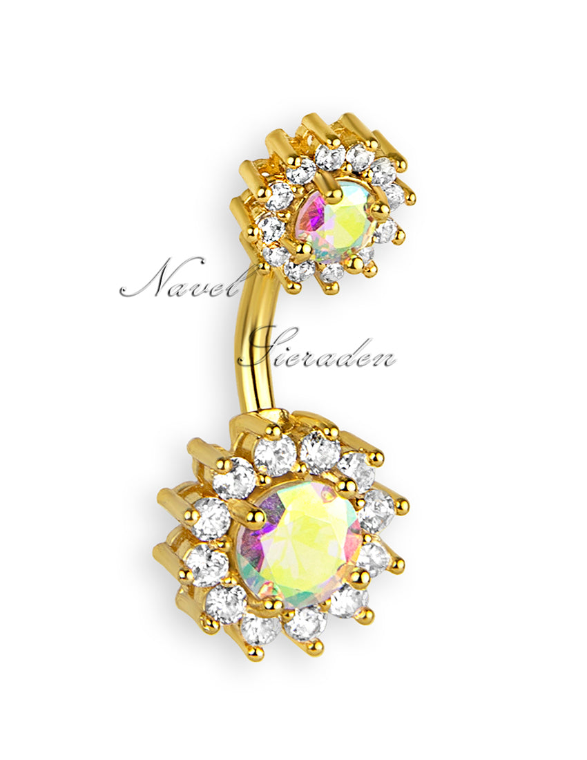 Piercing de ombligo exclusivo dorado con circonitas transparentes y AB – Barra 6 mm