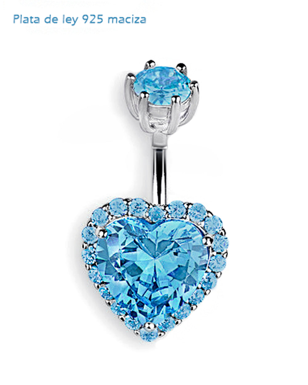 Piercing de ombligo de plata de ley 925 con corazón de circonita azul – Barra 6 mm