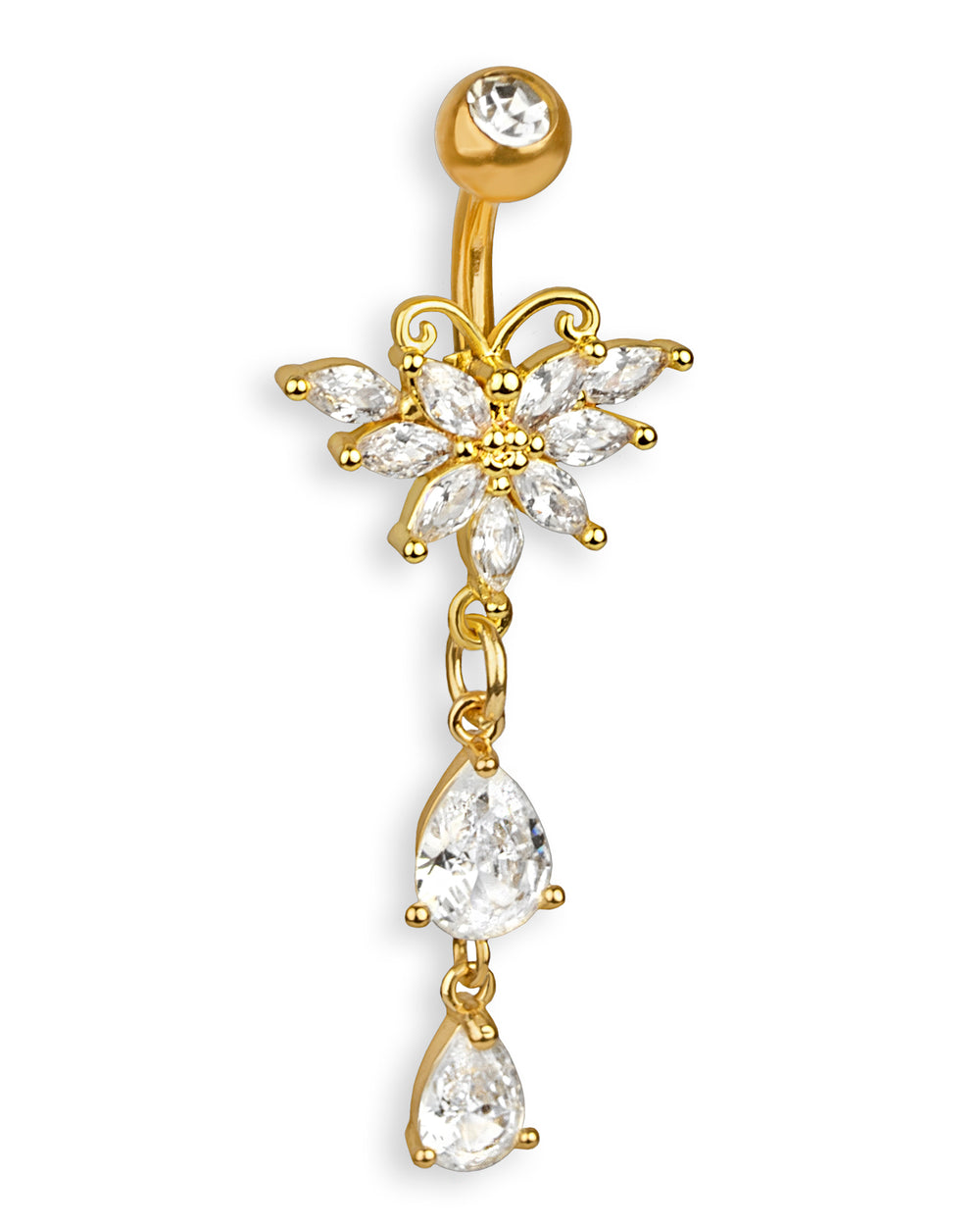 Piercing de ombligo exclusivo dorado con mariposa de circonitas brillantes – Barra 6 mm