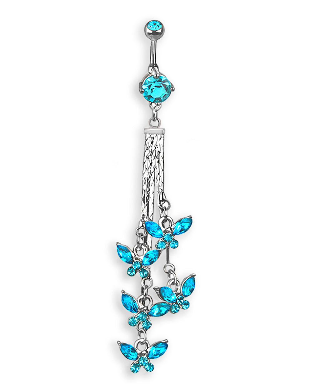 Piercing de ombligo con 5 mariposas de circonitas color aqua – Barra 6 mm