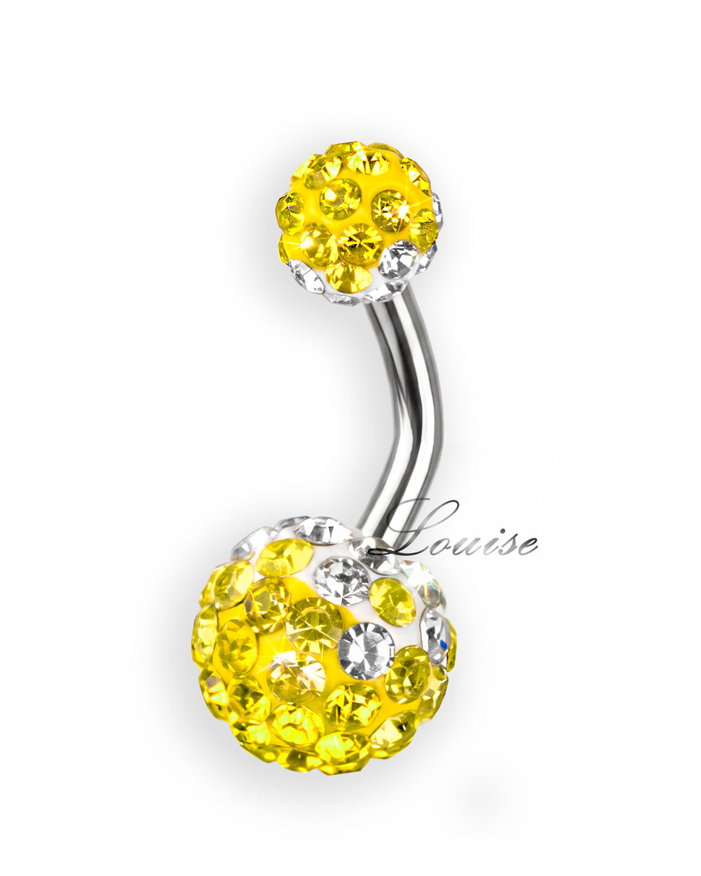 Piercing de ombligo con dos bolas de cristal en tonos amarillo y transparente – Barra 6 mm