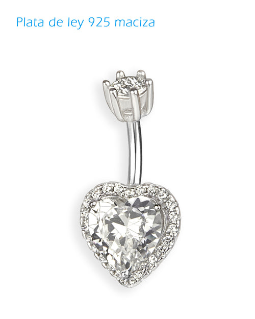 Piercing de ombligo de plata de ley 925 con corazón de circonita – Barra 6 mm