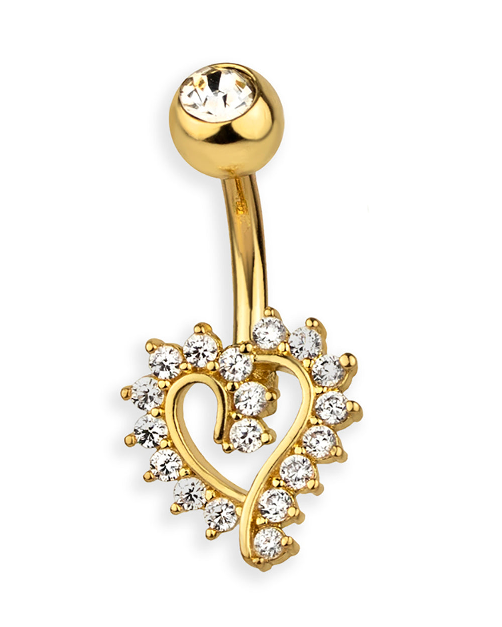 Piercing de ombligo dorado con corazón repleto de circonitas – Barra 6 mm