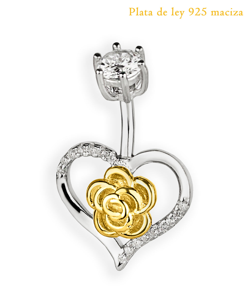 Piercing de ombligo de plata de ley 925 con corazón y rosa dorada – Barra 6 mm