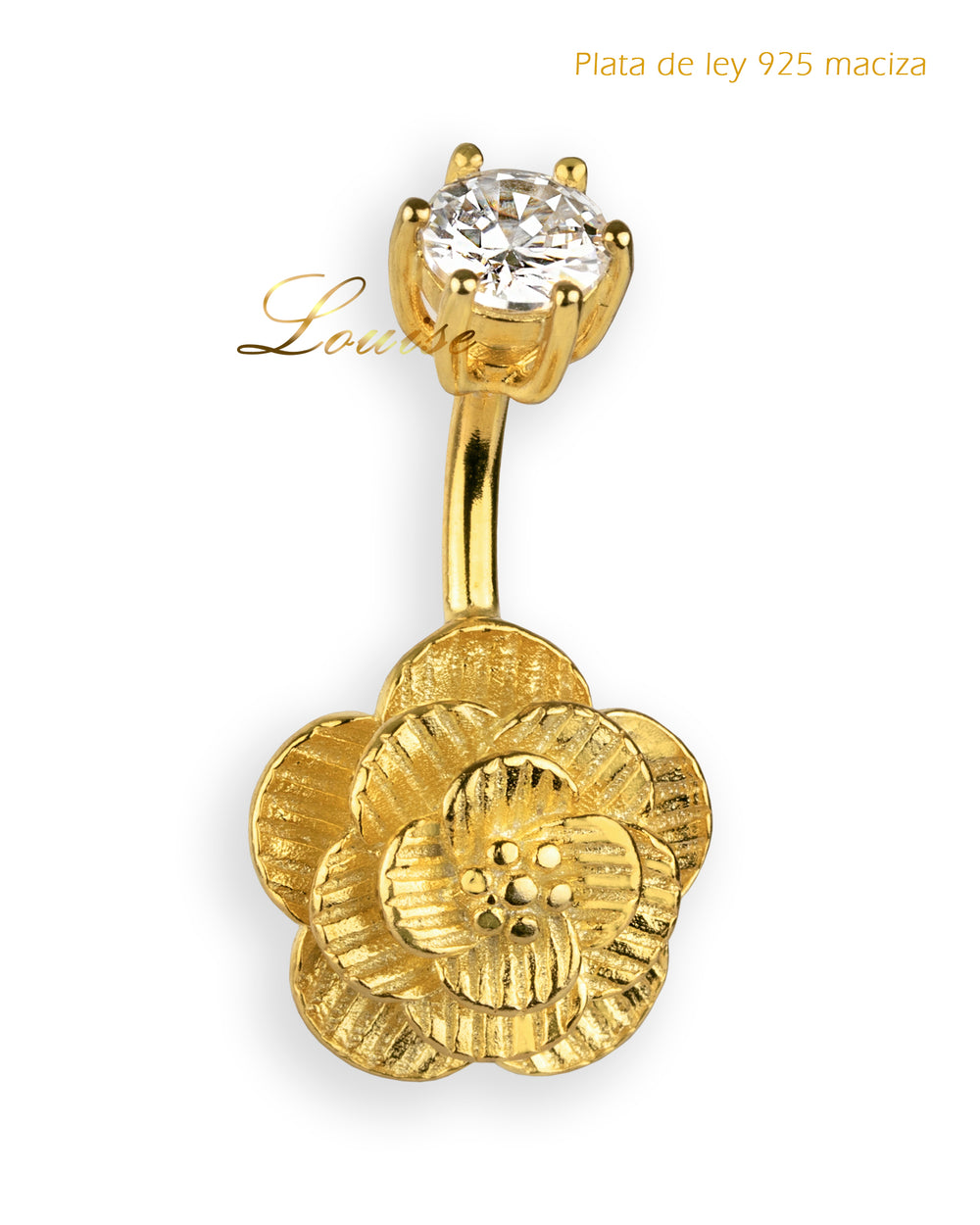 Piercing de ombligo de plata de ley 925 maciza bañada en oro con flor 3D