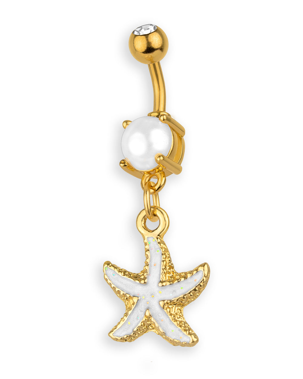 Piercing de ombligo dorado con perla y estrella de mar blanca – Barra 6 mm