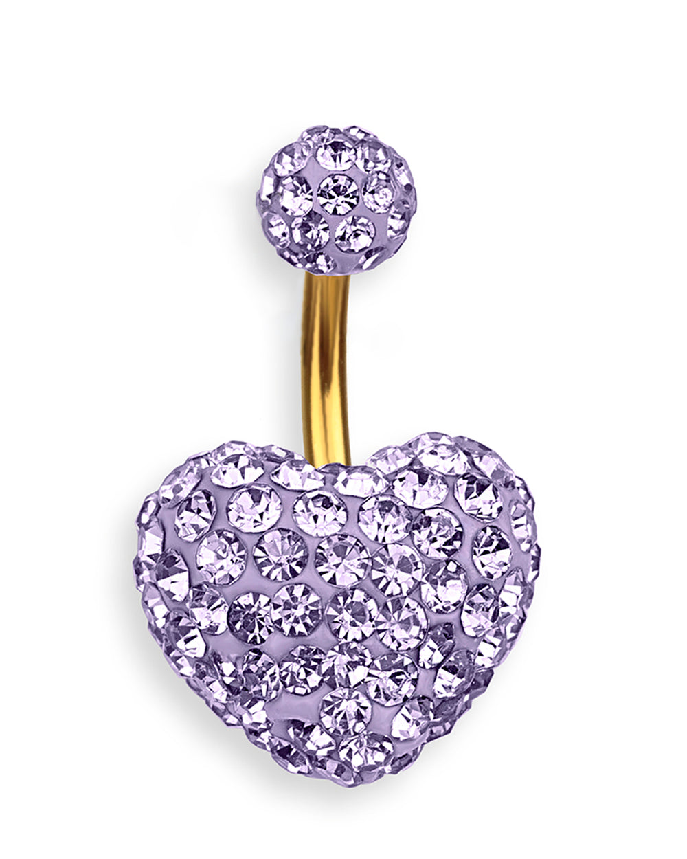 Piercing de ombligo dorado con corazón de cristales lila – Barra 6 mm