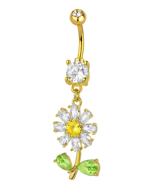 Piercing de ombligo chapado en oro con colgante de flor brillante