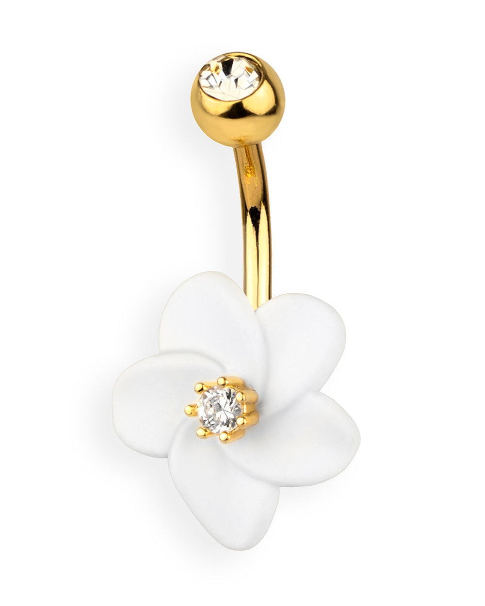 Piercing de ombligo chapado en oro con flor blanca y circonita central brillante