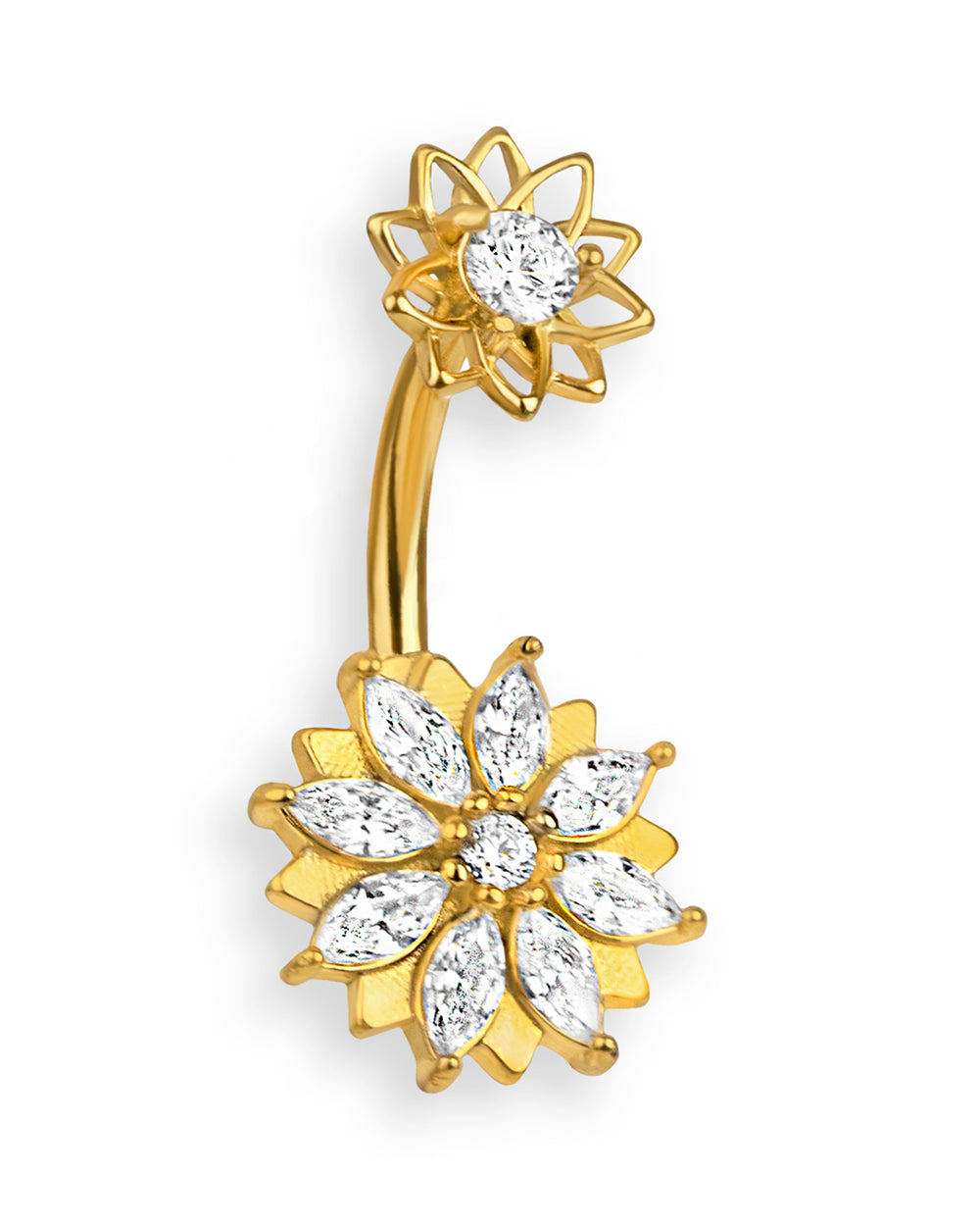 Piercing de Ombligo Chapado en Oro con Flores y Zirconias