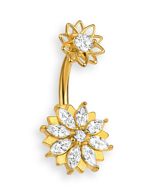 Piercing de Ombligo Chapado en Oro con Flores y Zirconias