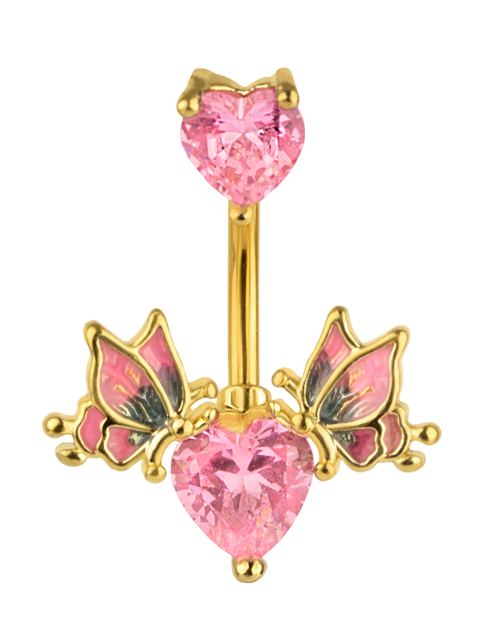 Piercing de ombligo chapado en oro con corazones de circonitas rosas y mariposas