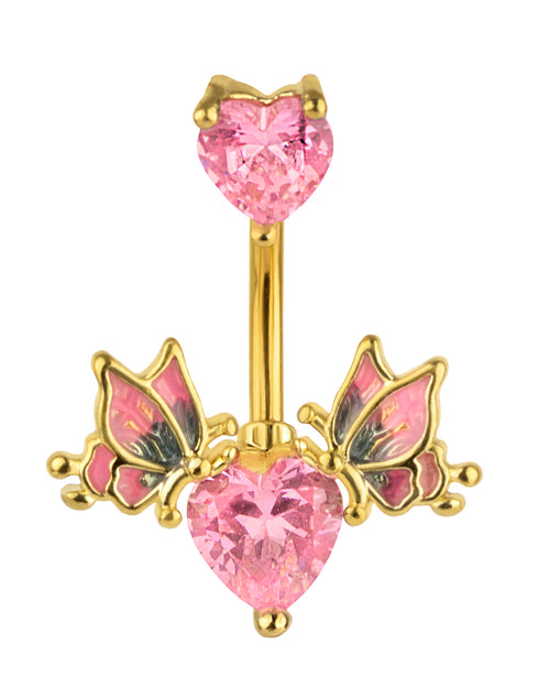 Piercing de ombligo chapado en oro con corazones de circonitas rosas y mariposas