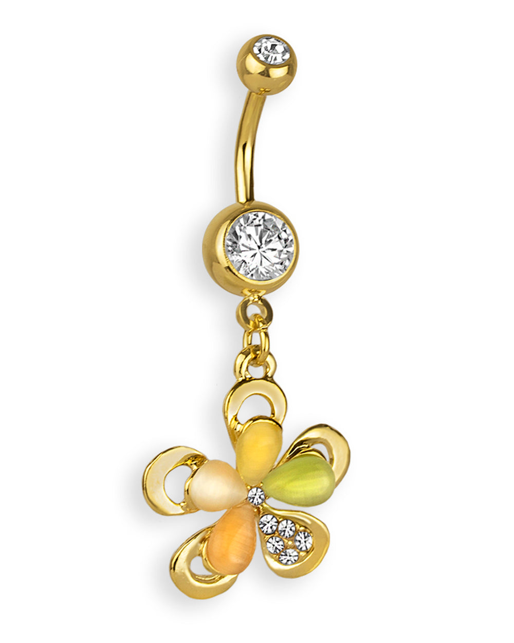 Piercing de ombligo chapado en oro 18 kt con flor calada y piedras pastel