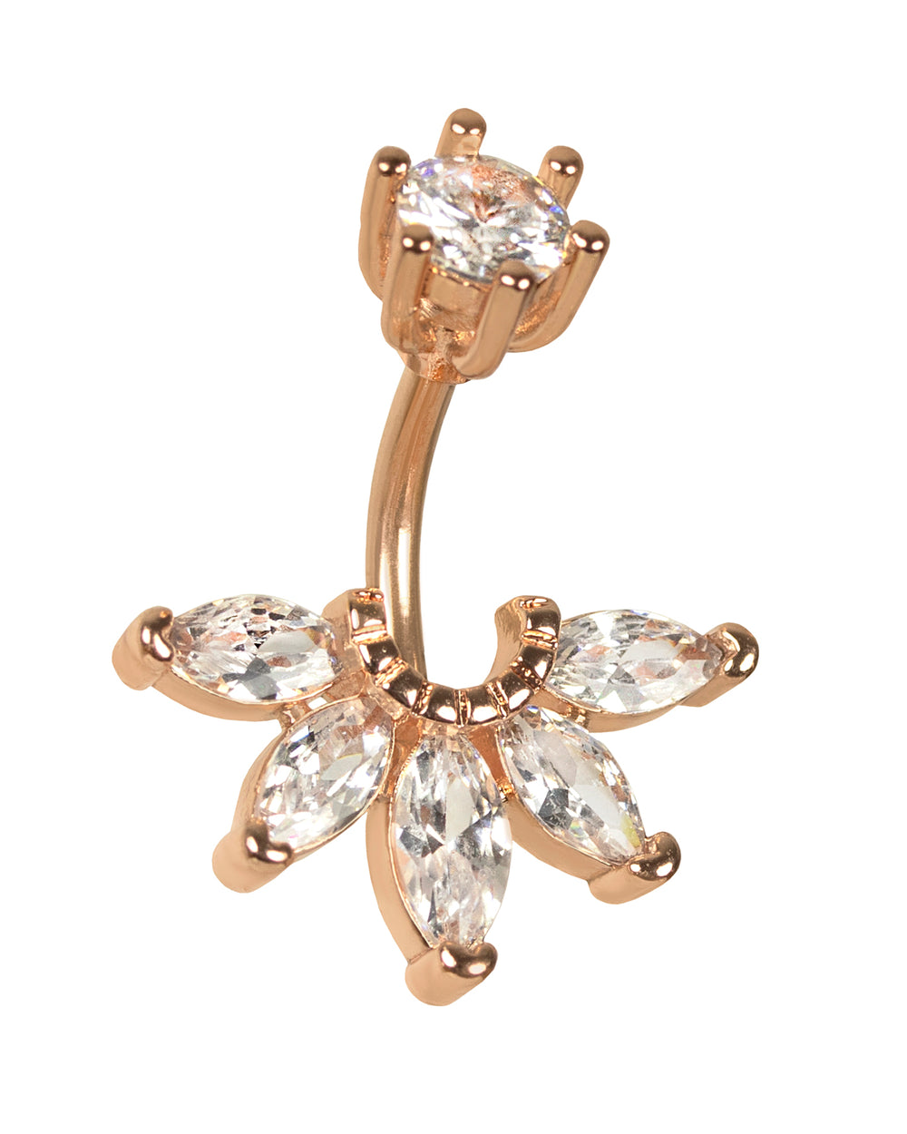 Piercing de ombligo rosé con abanico de circonitas transparentes brillantes