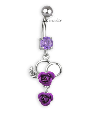 Piercing de Ombligo Titanio Corazón Plata 925 con Rosas y Zirconia Morada