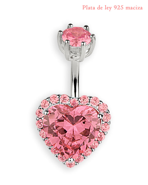 Exclusieve zilveren 925 sterling zilveren navelpiercing met roze zirkonia hartje – Staafje 6 mm