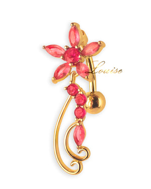 Precioso piercing de ombligo invertido goldplated con flor de circonitas rosa